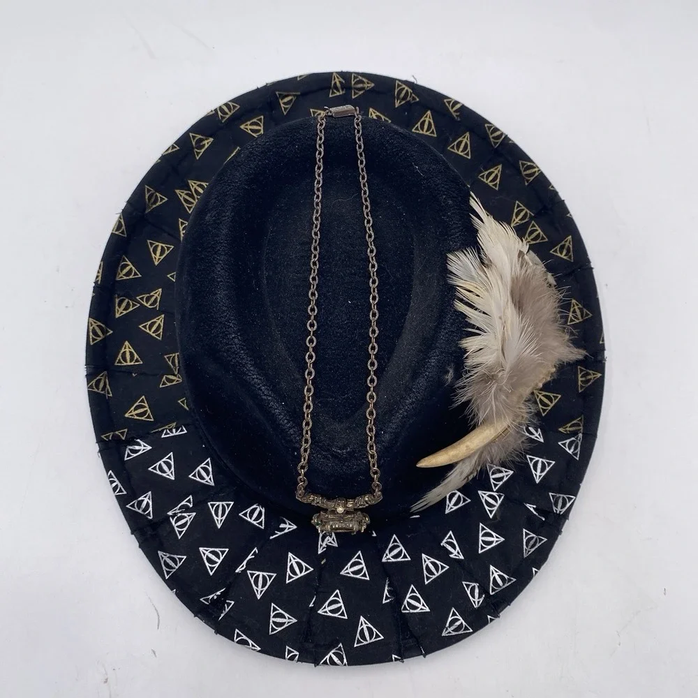 Steampunk Harry Porter Deathly Hallows Hat Black Fedora Size‎ 7 1/8 Feather
